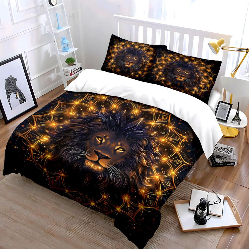 "Golden Lion Mandala Art Set" Exquisite Three-Piece Bedding Set Gift For Kids And Adults