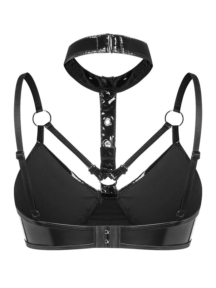 S-3XL Halter Lesklý Faux PU Kůže Bustier Top Punčocháče Bikini Crop Topy Krátký Croptop Sexy Klubové Oblečení Bez Rukávů S Knoflíky Camis
