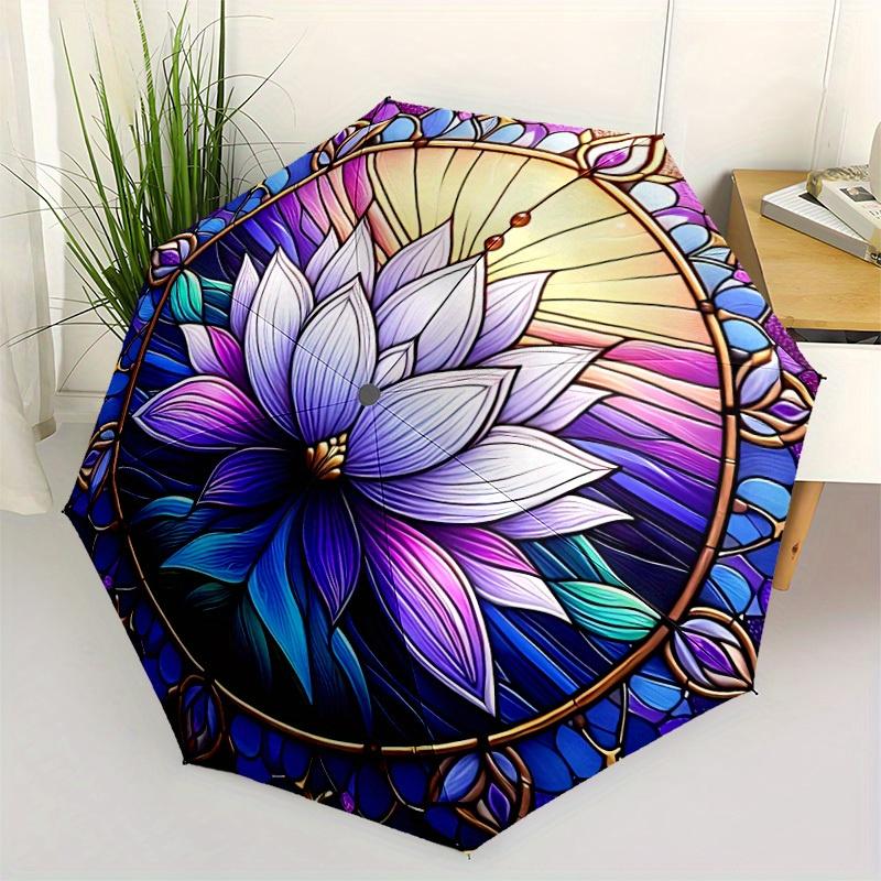 1pc Lotus StainedGlass Auto Open/close, All-Season Portable Folding Umbrella for Women & Men, Travel, Everyday, Formal Events - Compact Luxury Parasol