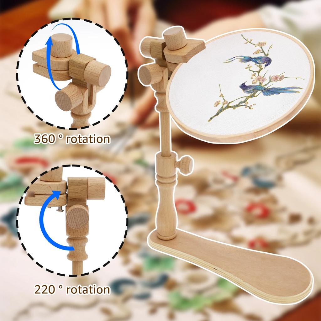Adjustable Beech Wood Embroidery Stand 360° Rotating Hands-Free Cross Stitch Rack Hoop for DIY Craft