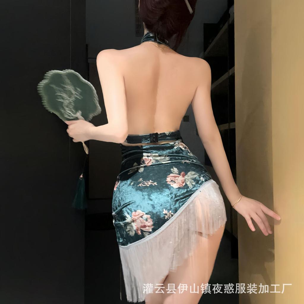 Sex Underwear World Rich Flower Velvet Printing Ancient Cheongsam Pure Desire Temptation Hip Skirt Set
