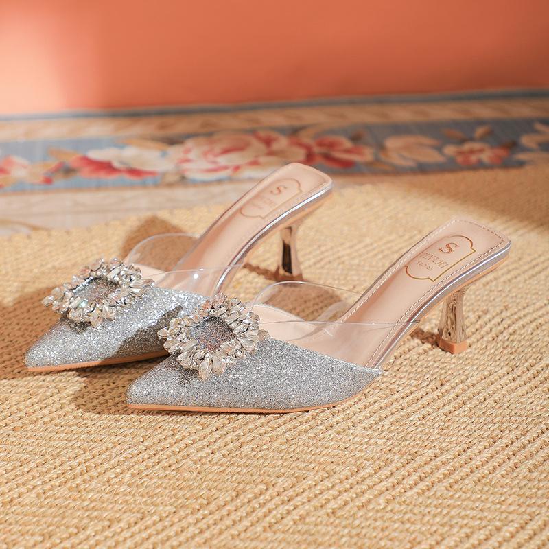 

Темпераментные полушлепанцы женские новые летние со стразами высококлассные модные остроносые прозрачные туфли на высоком каблуке 43 серебряный