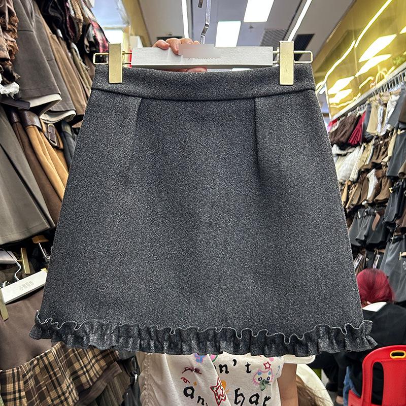 

Korean Style Wool A-Line Ruffled Skirt for Petite Women - Spring/Autumn 2026 Arrival, Short Skirt 663C XS