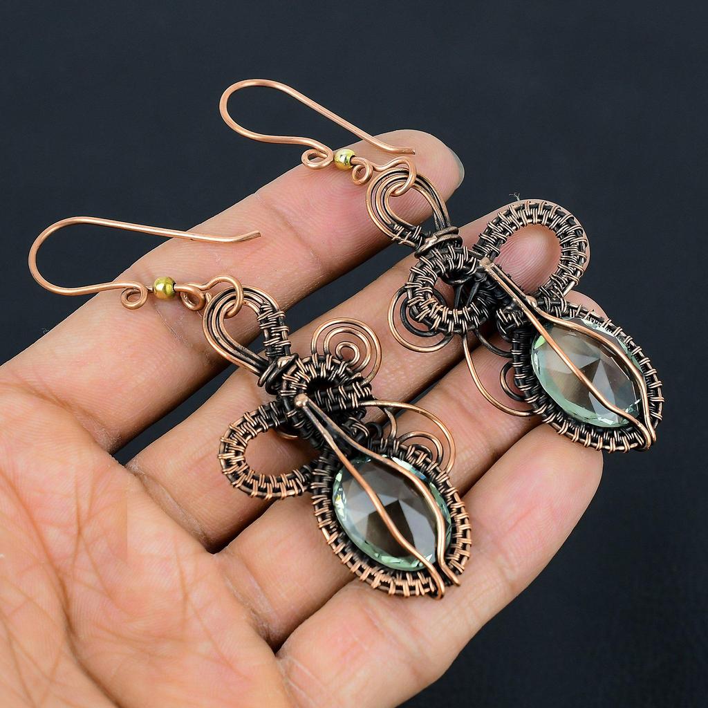 Aqua Apatite Earrings, 999 Copper Wire Wrapped Earrings Handmade Gemstone Jewelry, Gifts For Wife Brand New Earrings