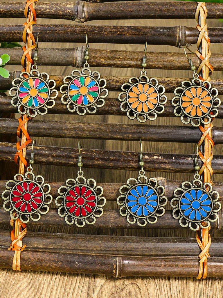 Vintage Bohemian Style Colorful Sunflower Alloy Dropping Oil Pendant Earrings Pendant Ornaments Women's Daily Versatile