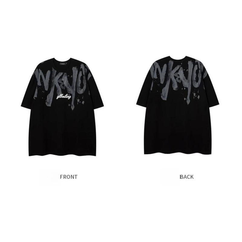 American Heavyweight Cotton Men's Short-sleeve T-shirt, Plus Size, Summer Hip-hop Style, Eye-catching Streetwise Look with Large Letters
