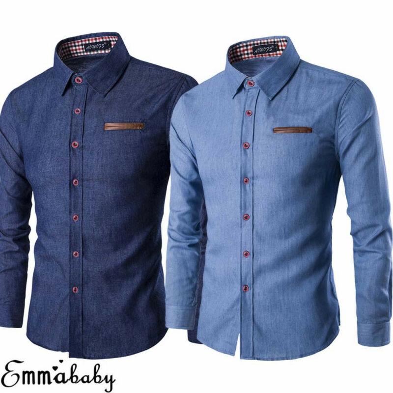 Men's Casual Slim Fit Stylish Wash Denim Long Sleeves Jeans Shirts Smart Casual Fashion Men Clothes