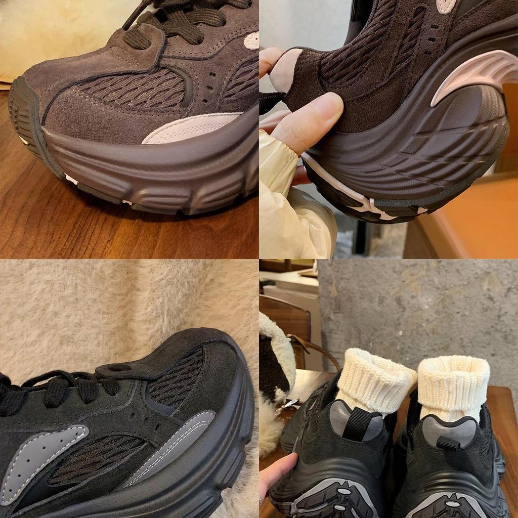 Cowhide version~ Grape Mom same new color matching lace-up heightened thick-soled suede dad shoes women's sports and leisure shoes