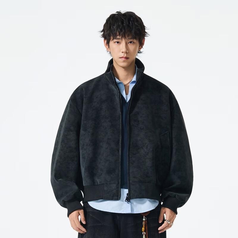 Fengxun Men's Velvet-Feel Stand Collar Bomber Jacket FXJS5601