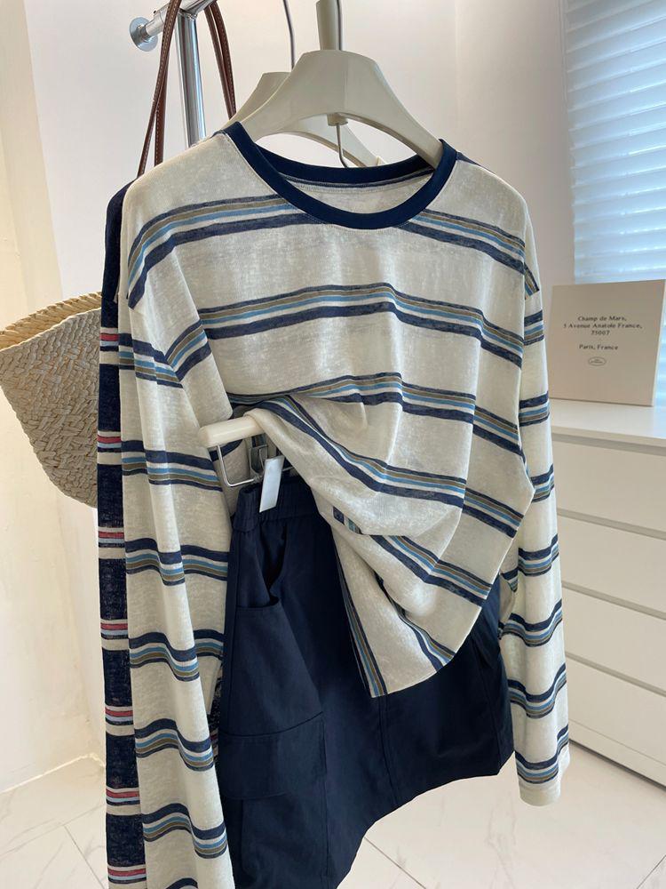 Women's Retro Color Block Stripe Long Sleeve T-shirt, Autumn Loose Fit, Casual Sun Protection Top