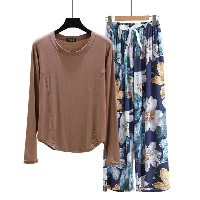 

Modal Pajama Set for Women Summer Cool-Touch Long Sleeve Top with Poplin Rayon wide leg Pants Oversized Loungewear Floral howewear Outwear plus size 2XL