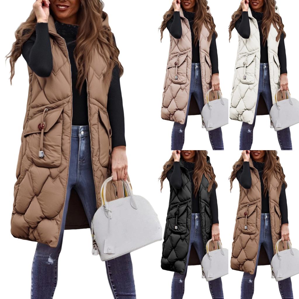 Women's Long Vest Plain Sleeveless Hood Winter Vest Outwear Jacket Lightweight Warm Coat Outerwear