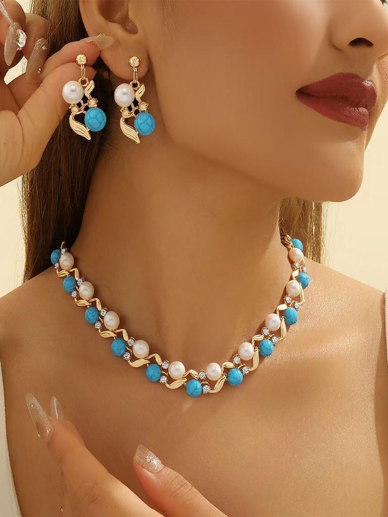 Vintage Turquoise Artificial Pearl Inlay Jewelry Set Necklace Earrings Elegant Statement Accessories for Women