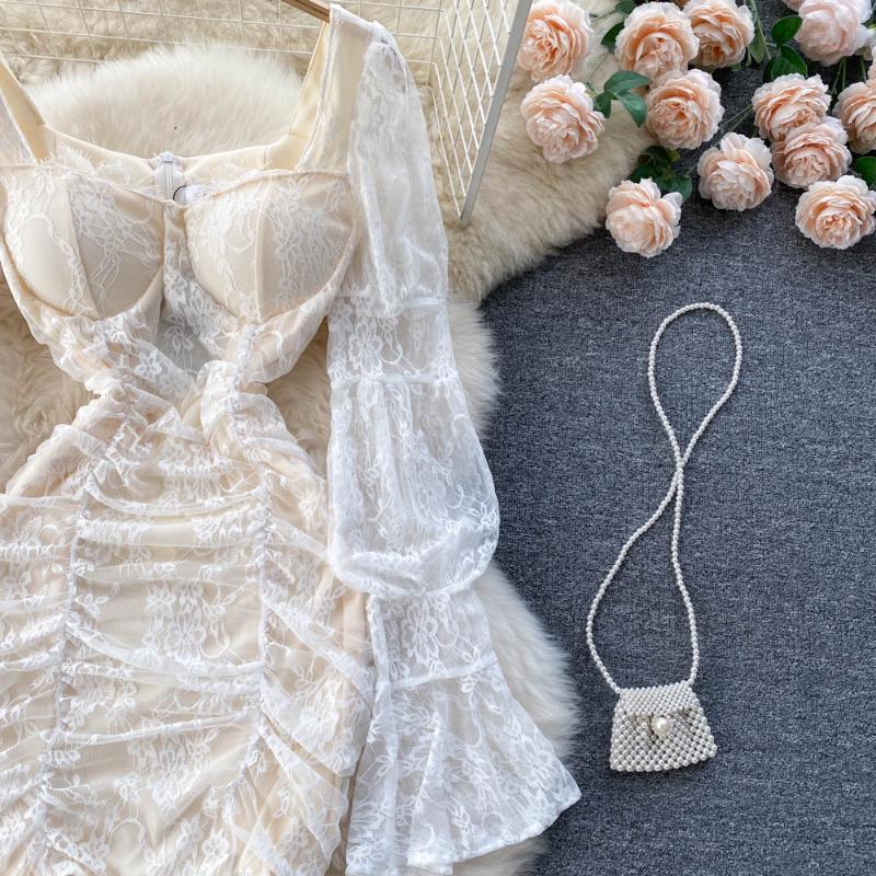 Frence seksowna koronkowa przezroczysta sukienka jednoczęściowa damska elegancka latarnia rękaw elegancka Mini sukienka Lady słodka impreza urodzinowa projektowanie mody odzież 2024