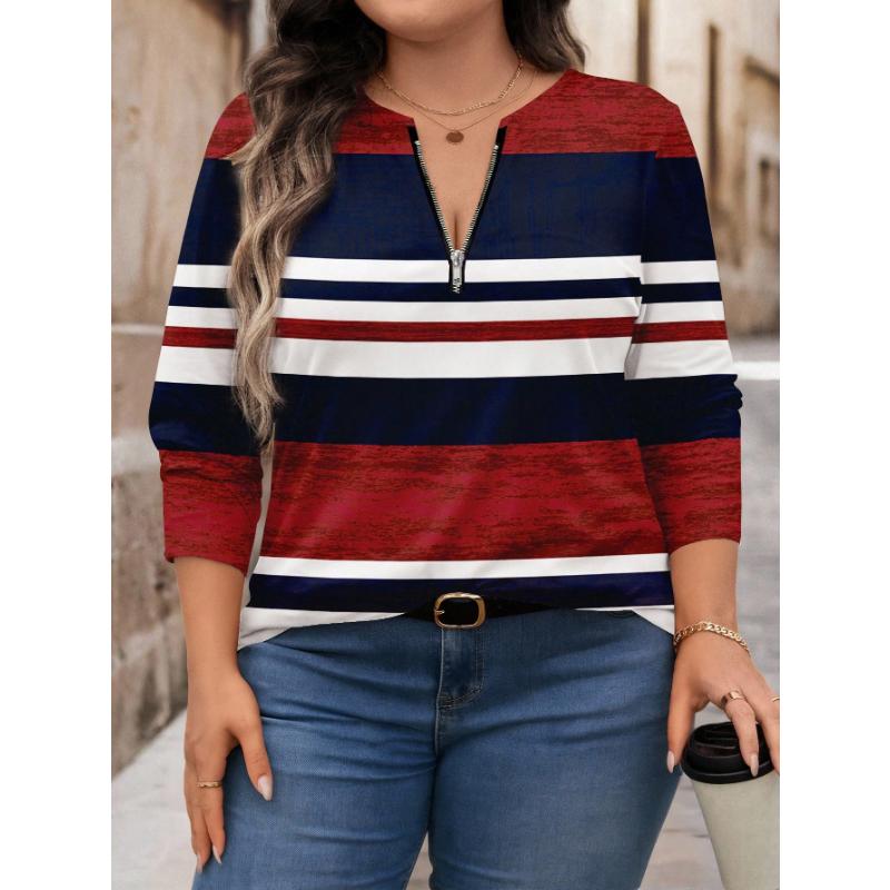 Damen Casual Rot Weiß Blau Gestreifter Druck Lockerer Schnitt Rundhalsausschnitt Langarm T-Shirt Damen Langarm Oberteile Rotes und Blaues Oberteil Herbstoberteile