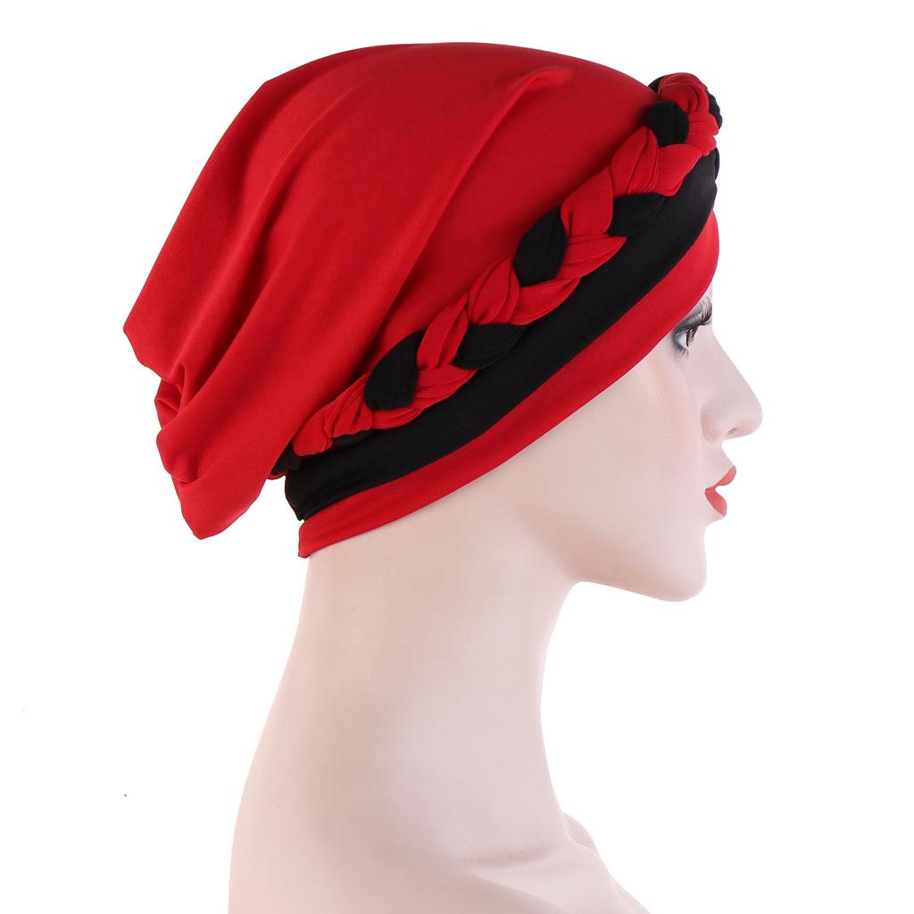 Two-Tone Patchwork Milk Silk Bandana Hat with Short Braid and Hidden Hair Wrap for Muslims