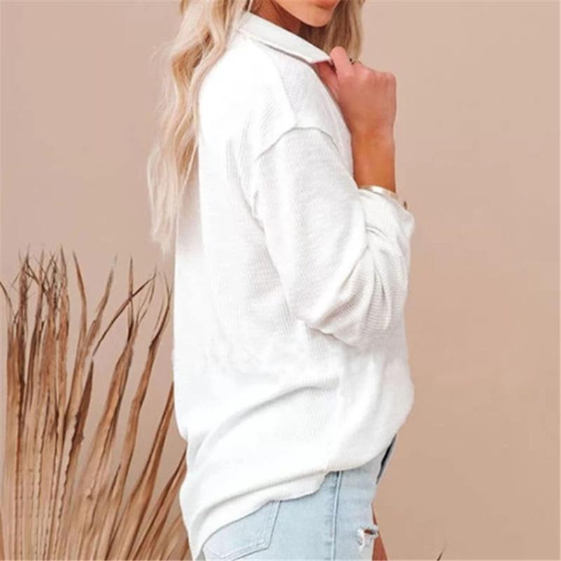 Mote T-skjorte for kvinner Høst Langermet Ensfarget V-hals Knapper Skjorter Casual Oversized Dame Topper