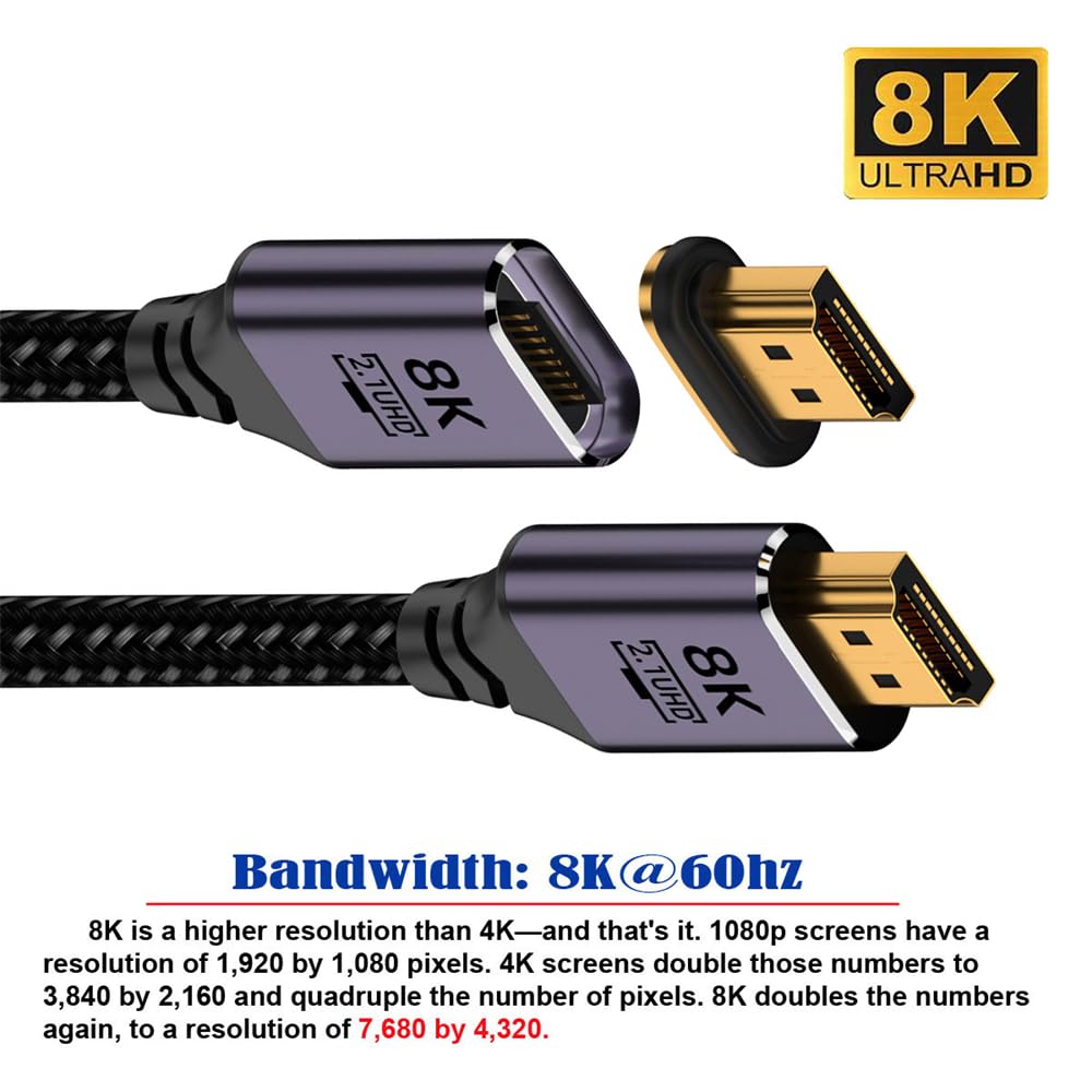 xiwai Magnetic 8K HDMI Male to Male Video Aluminum Shell for Laptops and HDTVs 2.1 Type-A Cable, 6.6ft, Braided,