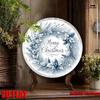 Elegant Blue White Christmas Wreath Floral Sign Round Aluminum Wall Art Holiday Home Porch Outdoor Gift