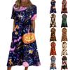 Women's Casual Halloween Print Patchwork Dress Short Sleeve Round Neck Pocket Midi Dress Loose Fit Comfortable Everyday Wear