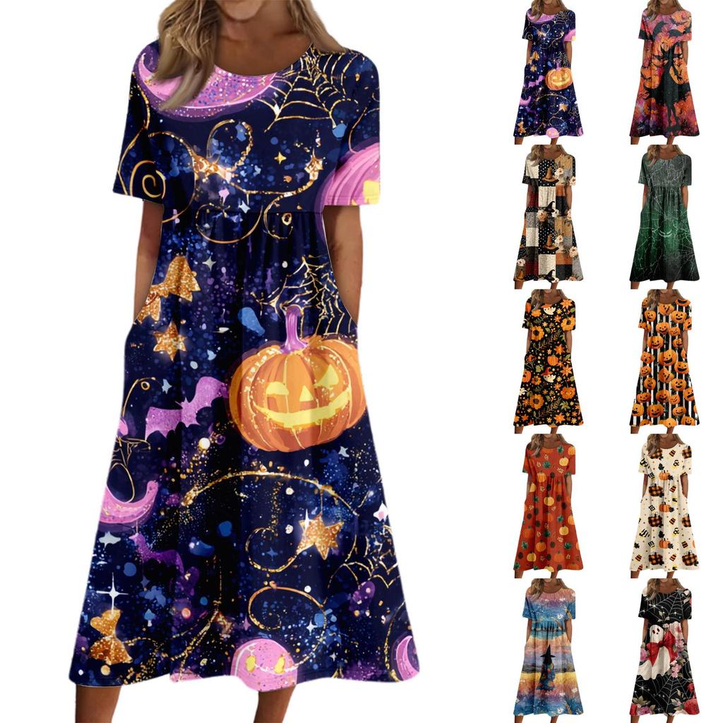 Women's Casual Halloween Print Patchwork Dress Short Sleeve Round Neck Pocket Midi Dress Loose Fit Comfortable Everyday Wear