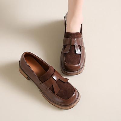 Women Autumn High Heels Velvet Leather Panels Heels Retro Brown Preppy Loafers Square Toe Block Heel Pumps Lolita Leather Shoes