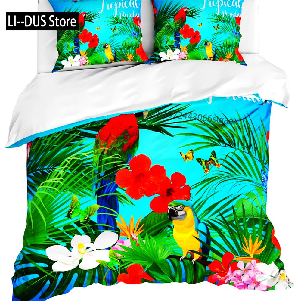 Comforter Parrot King Queen Bedding Set Cute Birds Colourful Feather Tropical Flowers Comforter Polyester