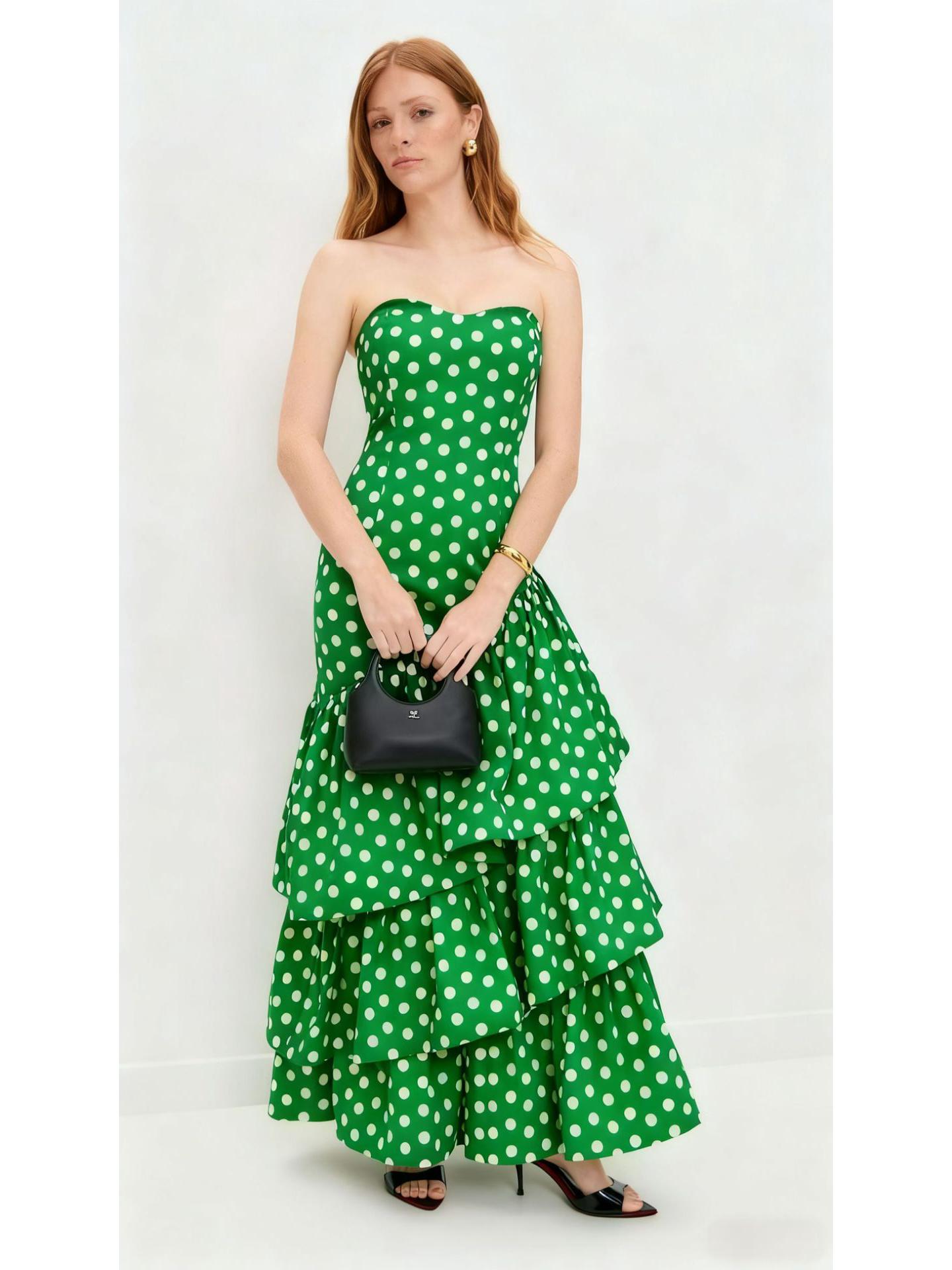 European & American Polka Dot Print Layered Backless Bandeau Skirt - 2025 Casual Fashion Style Extra Large зелёный
