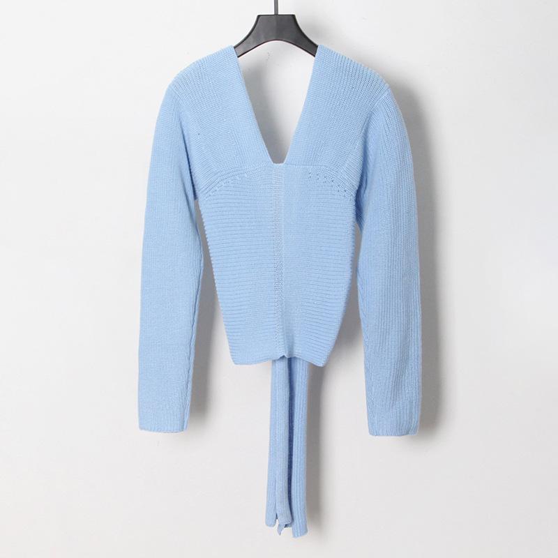 Women's Slim Fit V-Neck Bow Tie Sweater - 2026 Summer High-End Long Sleeve Top