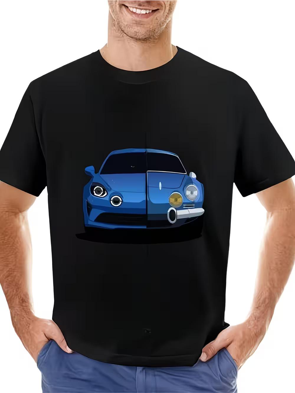 Unisex Casual Top Featuring a Short-Sleeved Crew Neck And a Graphic of a Blue Sports Car on a Black T-Shirt M