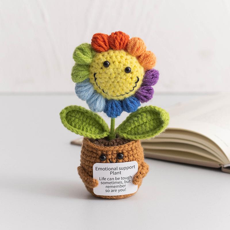 Cute Crochet Flowers Potted Hand-woven Rose Colorful Sunflower Positive Emotional Crochet Flower Potted for Home TableDecor Gift