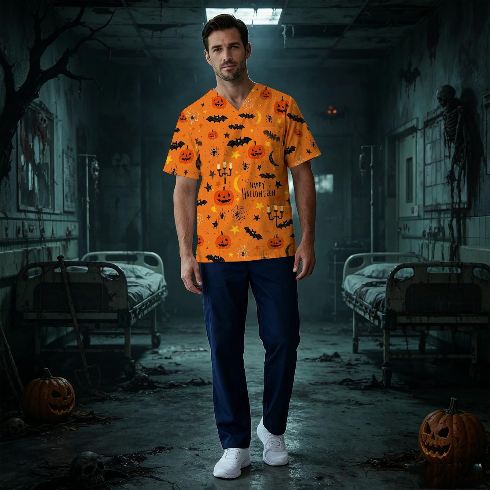 Men s Short Sleeve V-Neck Scrub Top with Chest Pocket Halloween Print XXL жёлтый