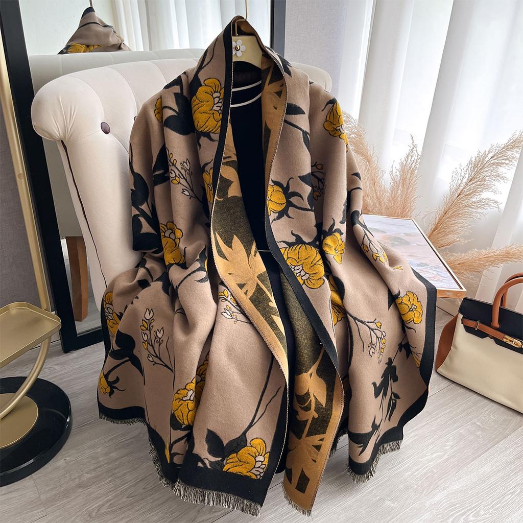 Ladies' Thickened Luxury Winter Flower Scarves Two-Sided Faux Cashmere Jacquard High-Quality Wool Pashmina Wrap