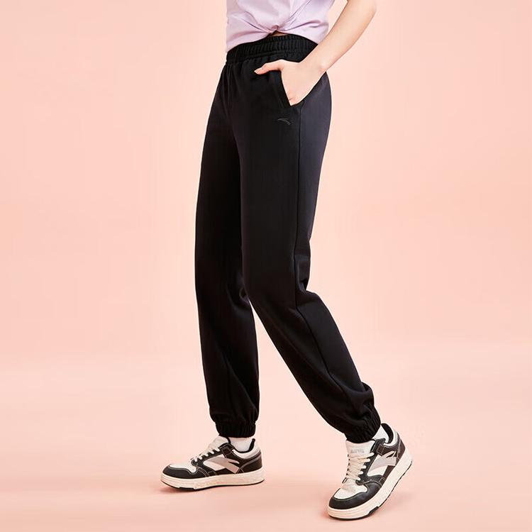Anta Training Series Solid Color Logo Mid-Rise Straight-Leg Joggers Women Joggers Black 962357303-1