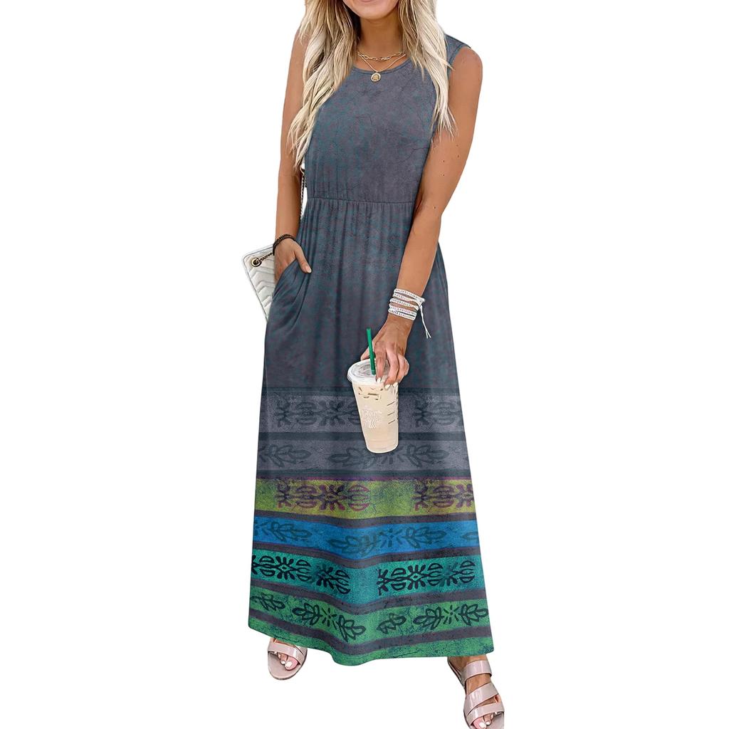 Ladies' Floral Print Casual And Fashionable Waist Cinched Sleeveless Dress