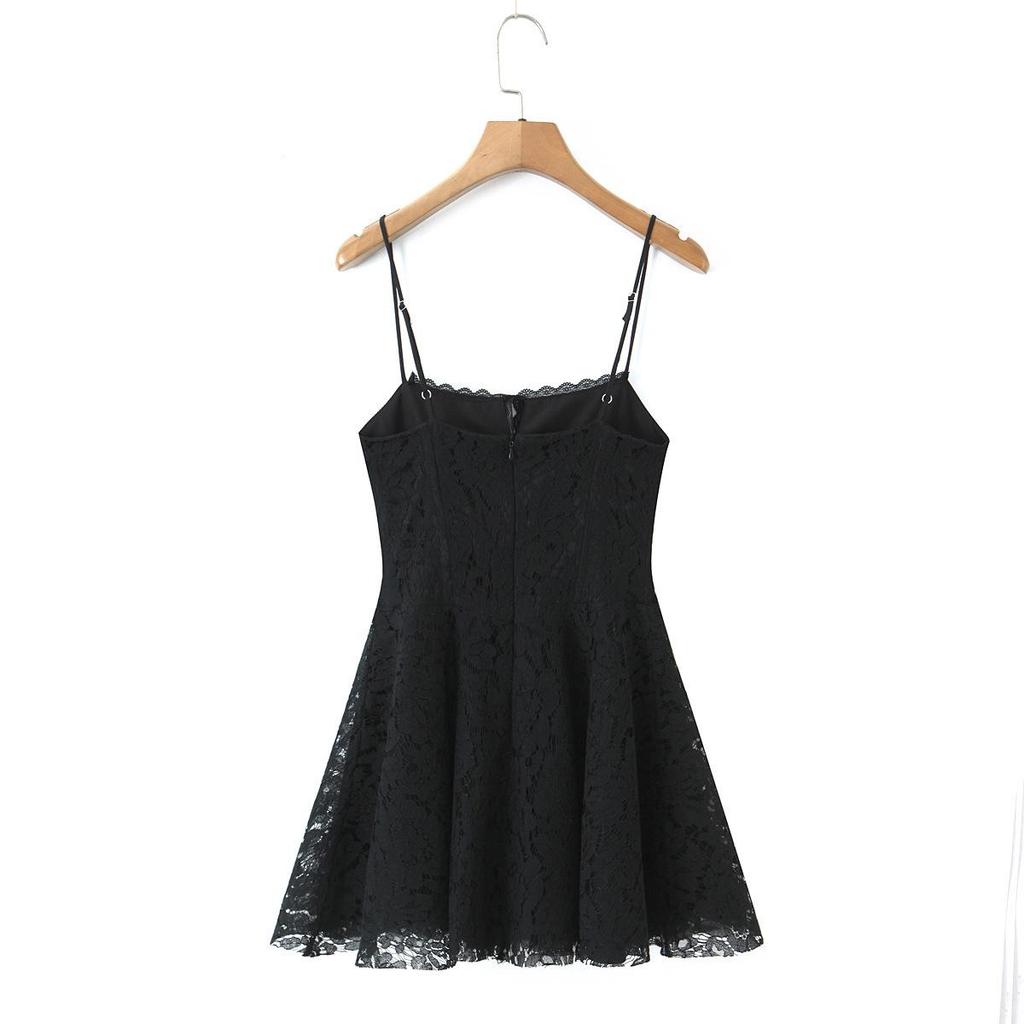 Women's Black Lace Spaghetti Strap Dress - Spring/Summer Seaside Vacation Short Skirt