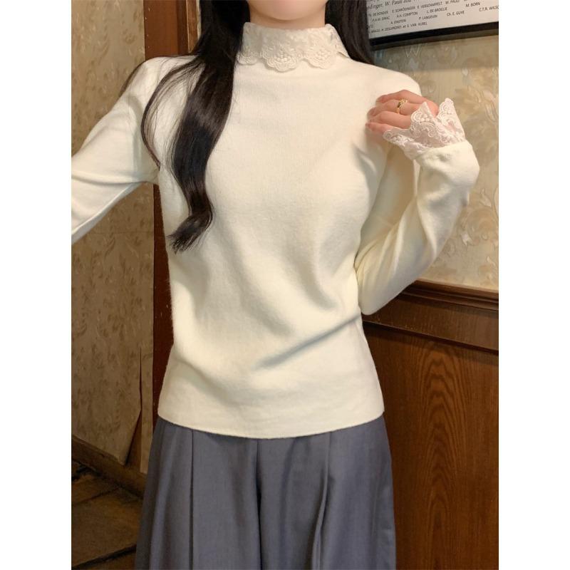 Lace semi-turtleneck bottoming shirt women's autumn and winter sweet inner long-sleeved warm Andy fleece knit sweater top