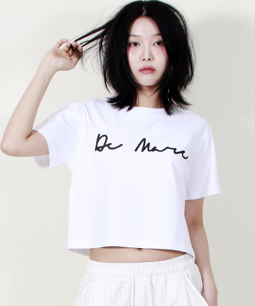 Deumakeu Rough Writing Text-Logo Crop T-Shirt White