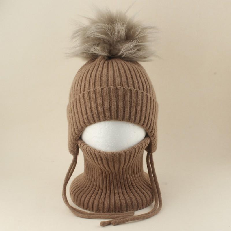 Kids Warm Knitted Hat With Faux Raccoon Fur Pom Matching Scarf Set Winter Cap Boys Girls