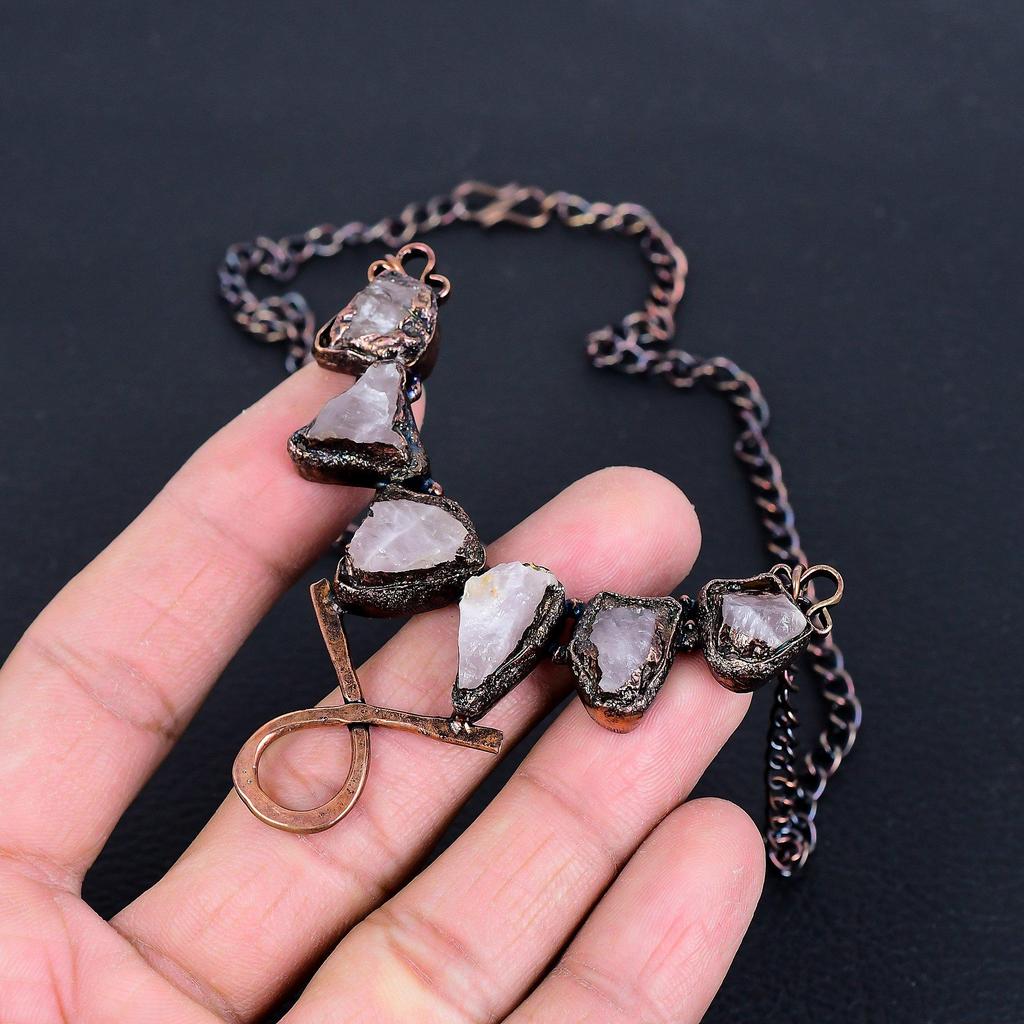 Rose Quartz Necklace, Gemstone Copper Electroformed Handmade Wonderful Jewelry Necklace, Gift for Introverted