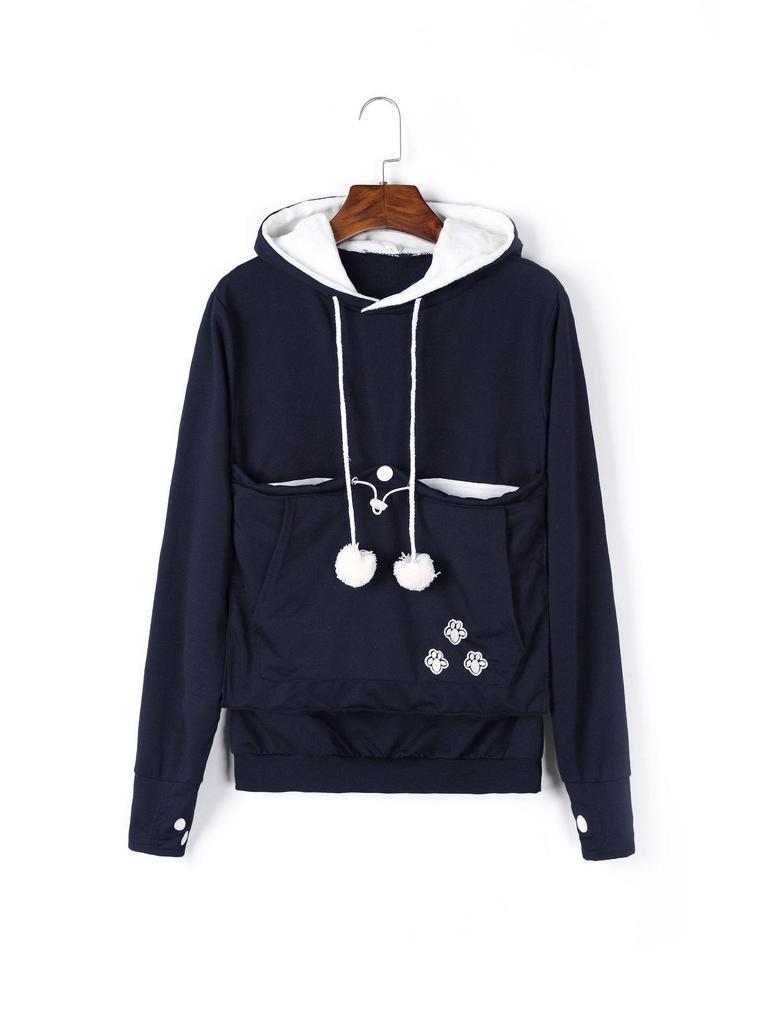 Embroidered Large Pocket Hooded Women's Sweatshirt - Autumn Thin Long-Sleeve