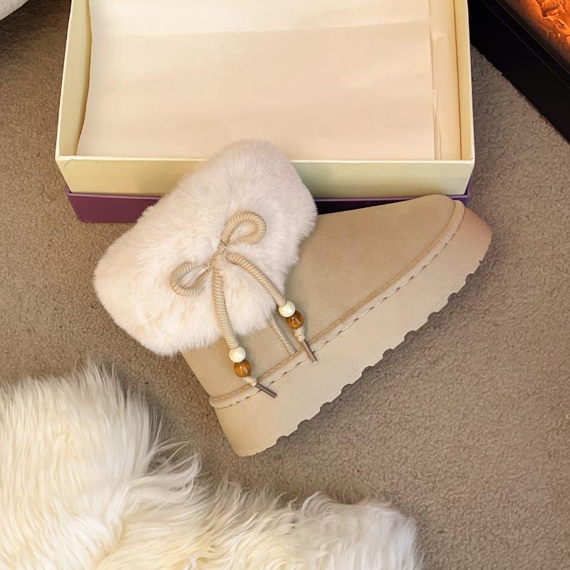 Women Snow Boots Round Toe Platform Sole Butterfly-knot String Bead Cotton Boots Fashion All-match Winter Plush Thickened Boots