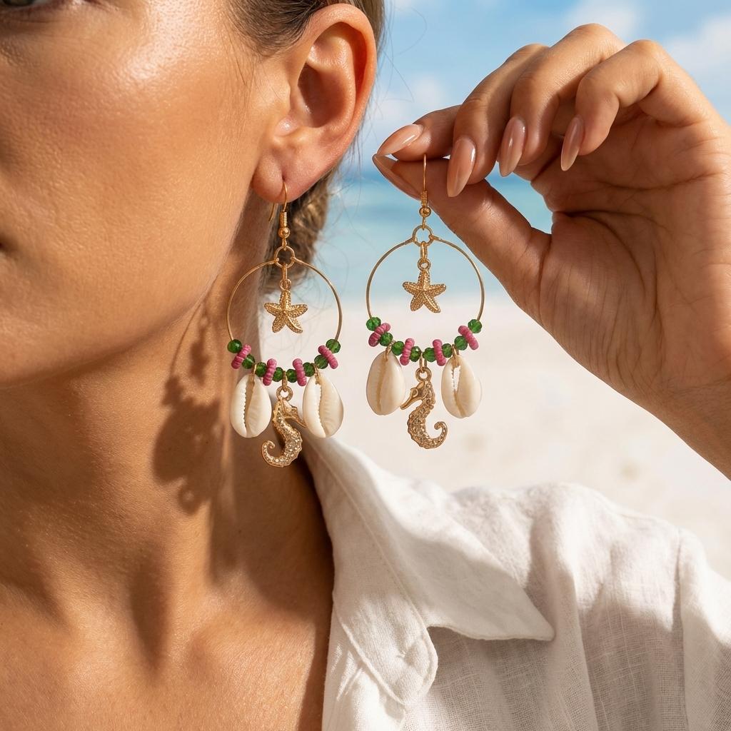 Tropical Fresh Drop Earrings For Women Starfish Shell Crystal Tassel Gold Tone Summer Beach Jewelry