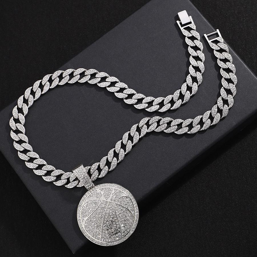 Hip Hop Alloy Letter Imbcak Pendant Necklace for Men, Street Cuban Chain Adorned with Diamonds, Basketball Necklace