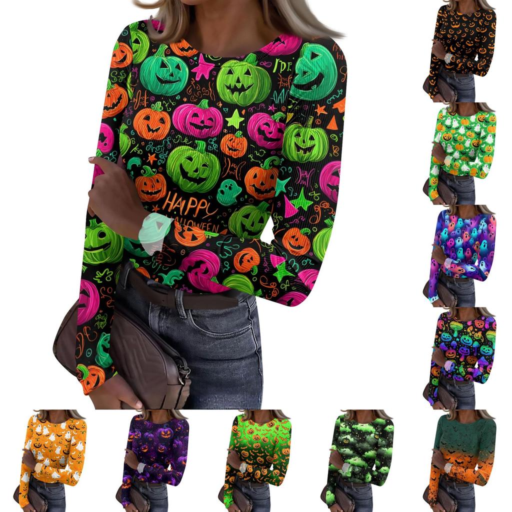 Women's Casual Long Sleeve Ribbed Knit Top Halloween Pumpkin Print Crew Neck Slim Fit Shirt for Fall Seasonal Wear