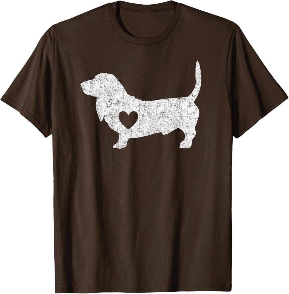 Basset Hound Heart Silhouette Distressed Graphic Tee Cotton Casual Short Sleeve T-Shirt for Men Women