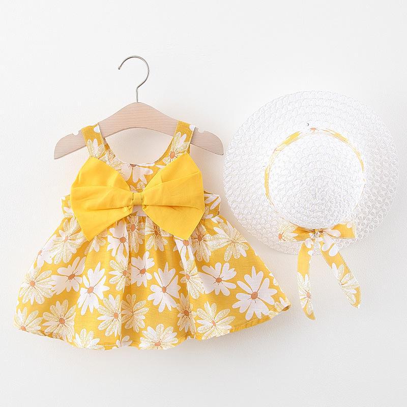 A749 Summer Baby Girl Princess Dress with Big Bow & Flower Skirt, Includes Hat, for Ages 1-4