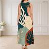 Women Plus Size Round Neck Triple Keyhole Cutout Sleeveless Abstract Floral Leaf Printed Long Dress