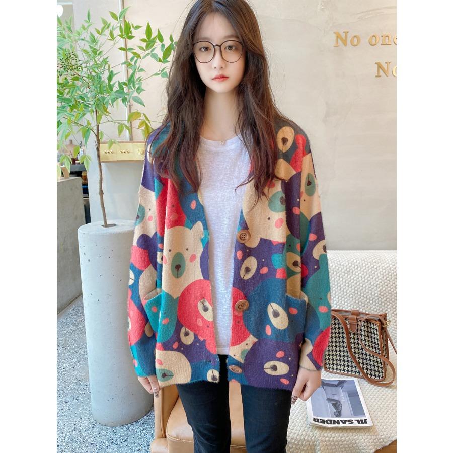 

DIMANAF Новинка 2023 года, осенние свитера больших размеров, кардиган большого размера, женские свитера с цветочным принтом и мультяшным принтом, вязаный свободный свитер One Size