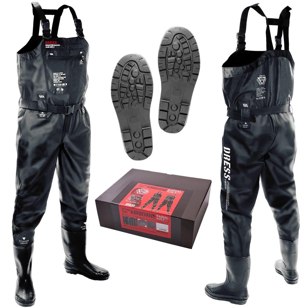 Dress Waders with Radial Size Size Disaster Preparedness Chest-High Sole, AIRBORNE, M, Height 165-170cm, Boots 25-25.5cm, Black,